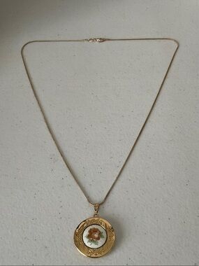 Gold Tone Floral Locket Necklace -